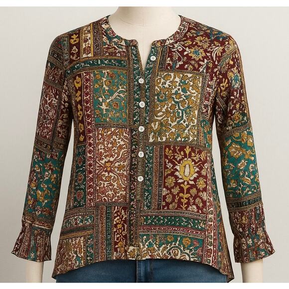 Patchwork‎ Boho Rayon Tunic Blouse Petite Small Long Sleeve Pullover Top J.Jill - Picture 1 of 8